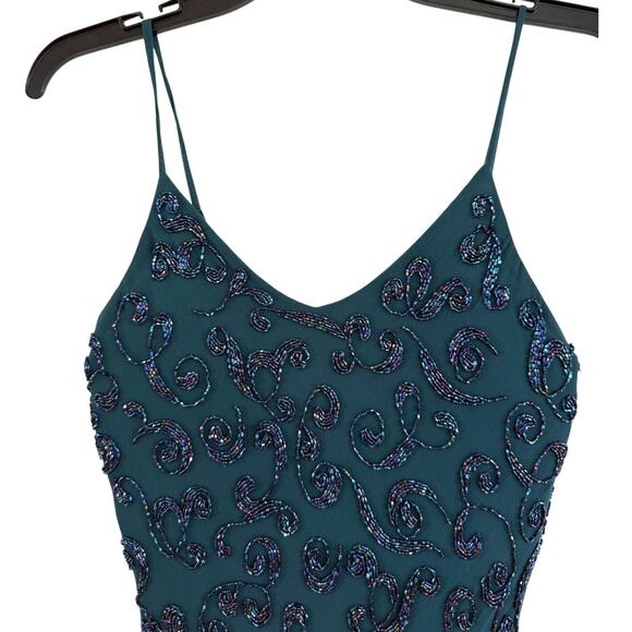 Vintage Cache Slip Dress sz 2 Teal Beaded Silk Cocktail Asymmetrical Whimsigoth - Picture 2 of 8